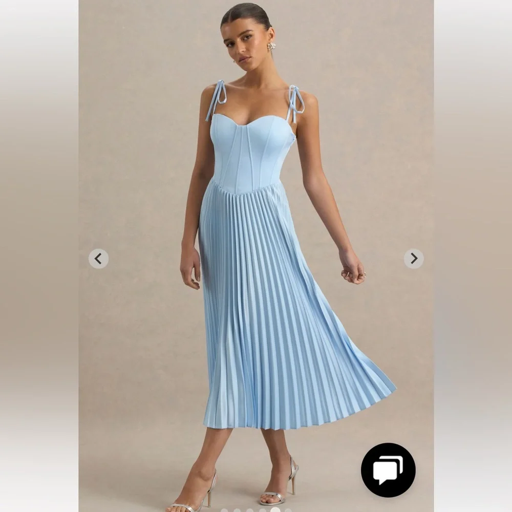 NWT Club L London Peyton Powder Blue Satin Sweetheart-Neck Midi Dress pleats  8